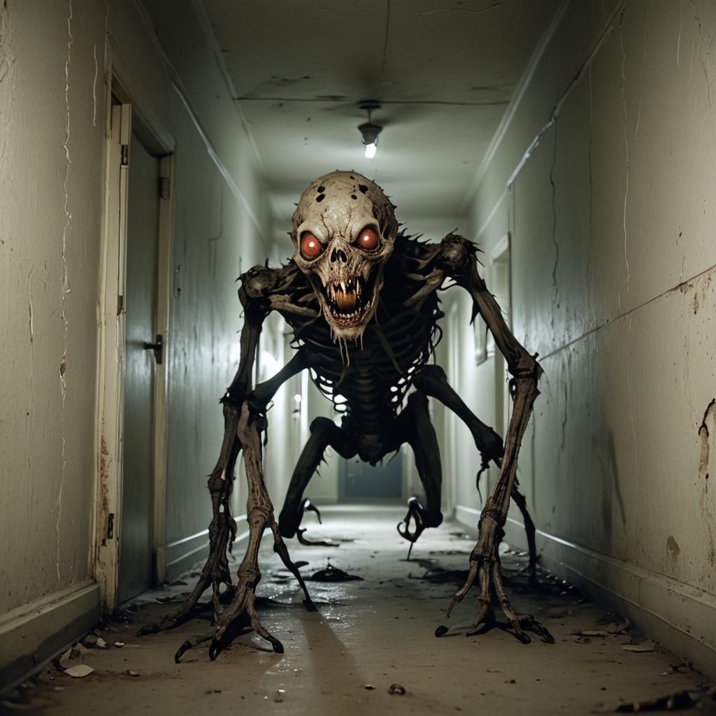 Grotesque Biohorror Creature Crawling in Dark Corridor