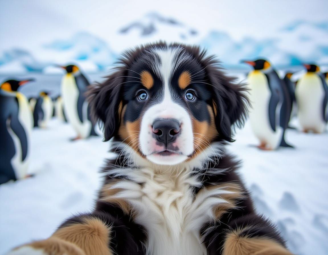 Bernese Puppy Selfie with Penguins in Antarctica