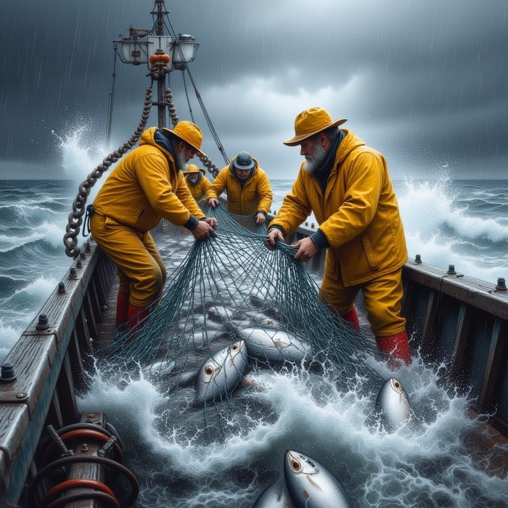 Fishermen Haul Net on Stormy Trawler in Dramatic Pencil Sket...