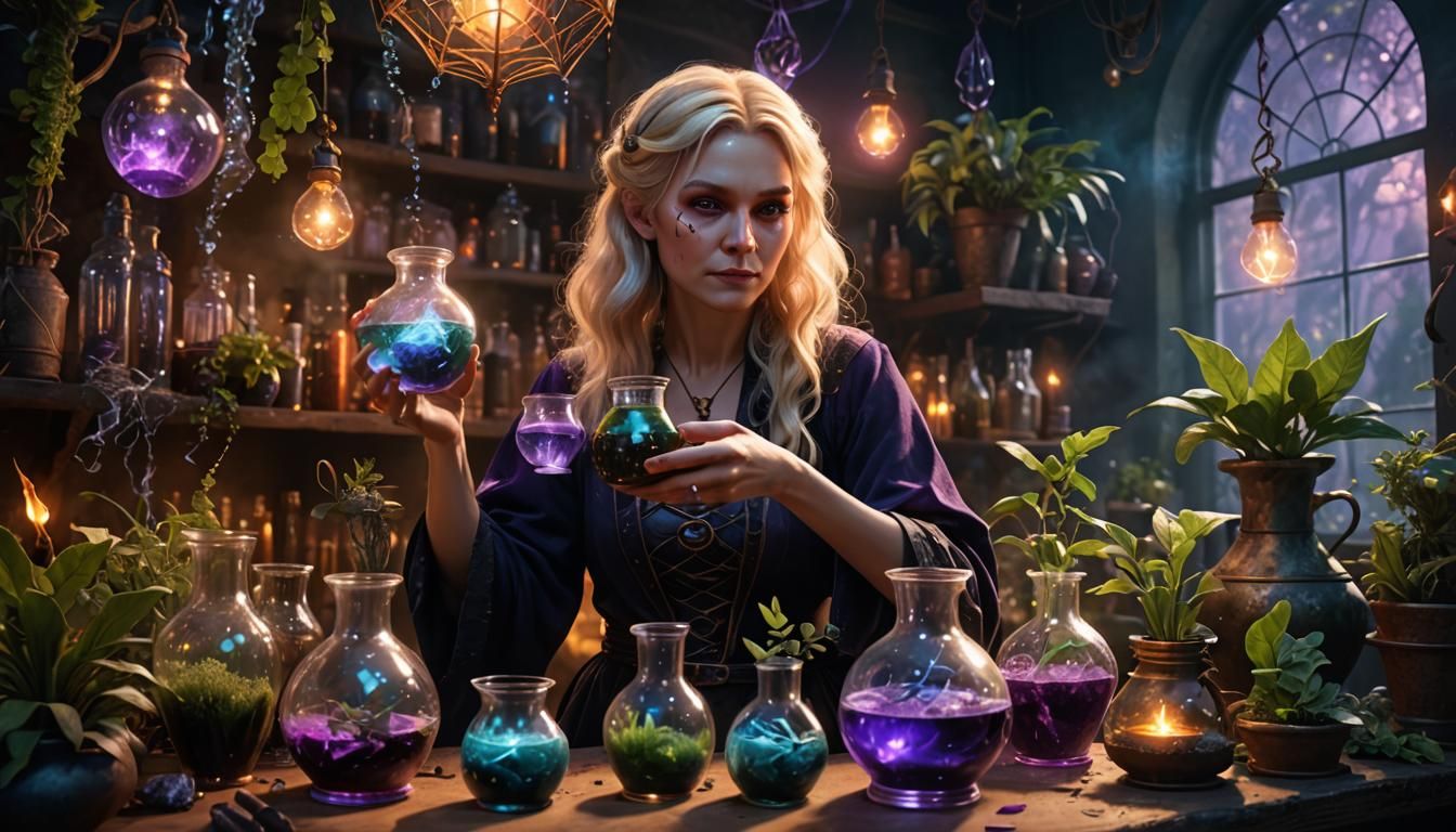 Blonde Witch Making Potions in 3D Digital Art