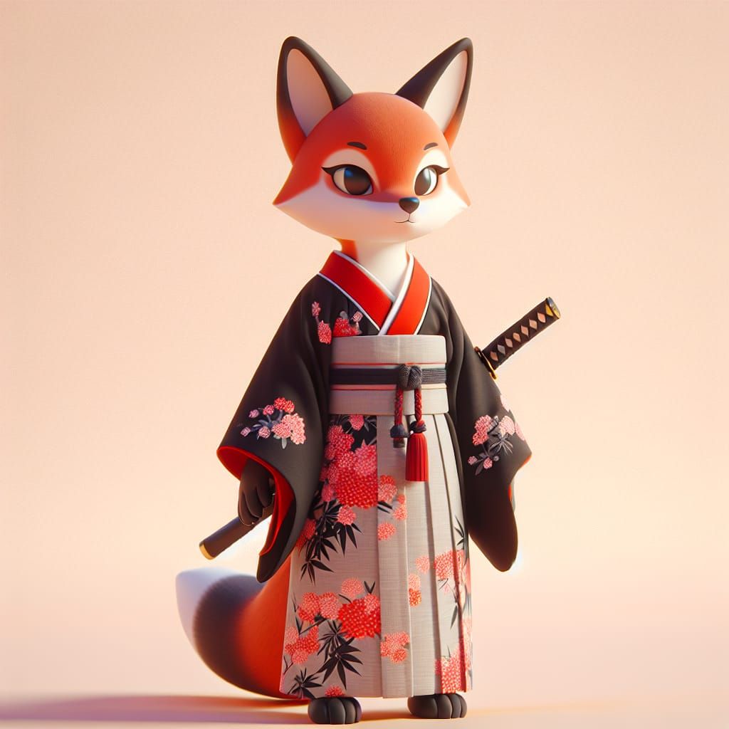 Fox in Kimono with Katana, 3D Animated Style