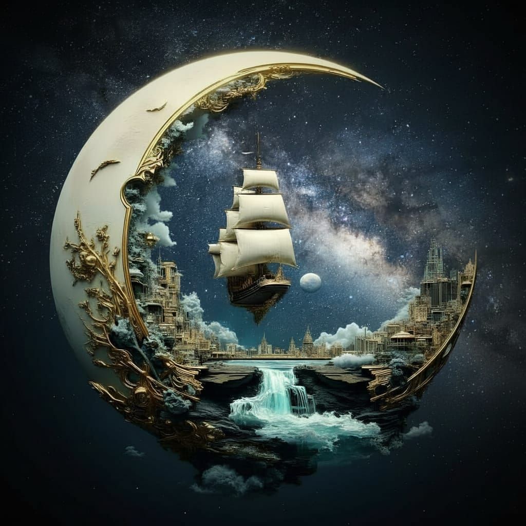 Surreal City on Crescent Moon with Star River Voyage