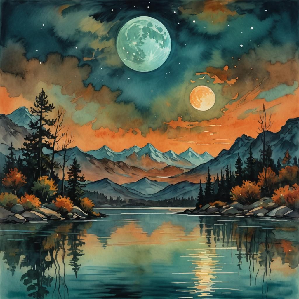 Chiaroscuro Moonlit Lake in Watercolor Style