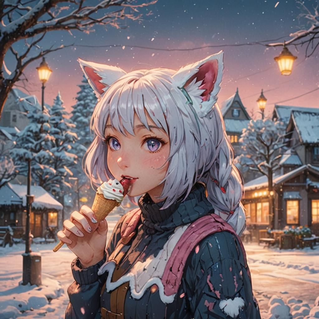 Anime Girl with Cat Ears Eats Ice Cream
