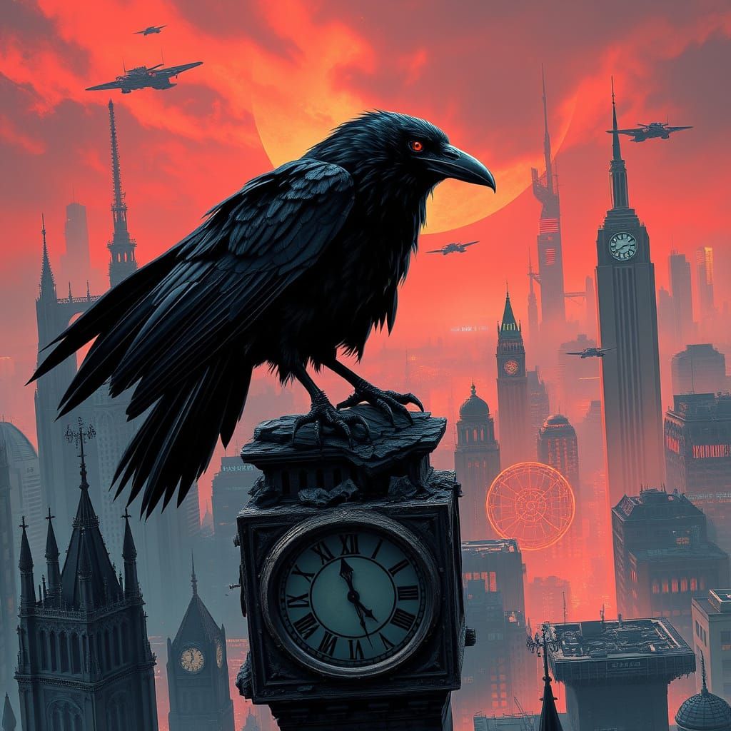 Gothic Raven Over Cyberpunk Cityscape