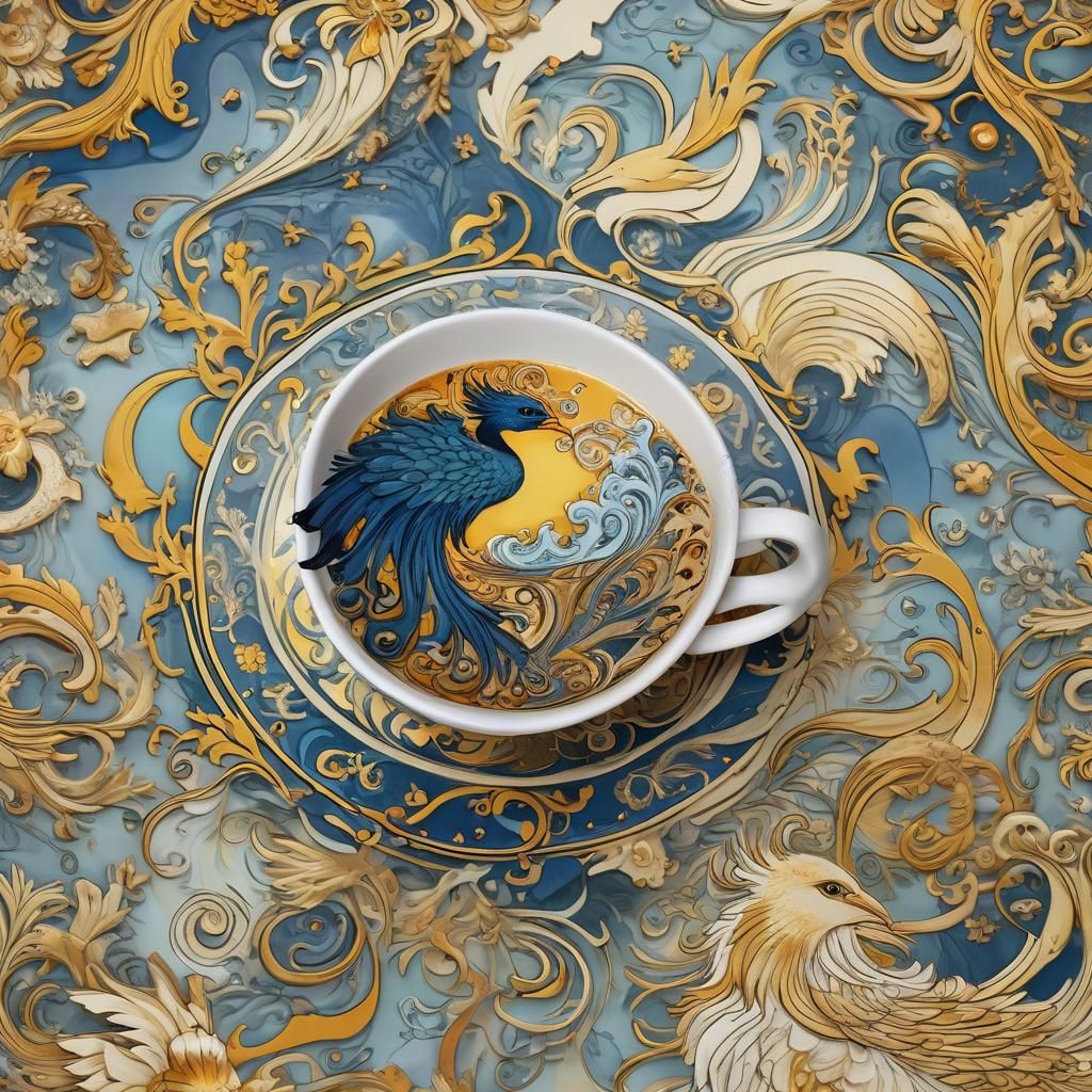 Latte Art Phoenix in Ornate Ceramic Cup