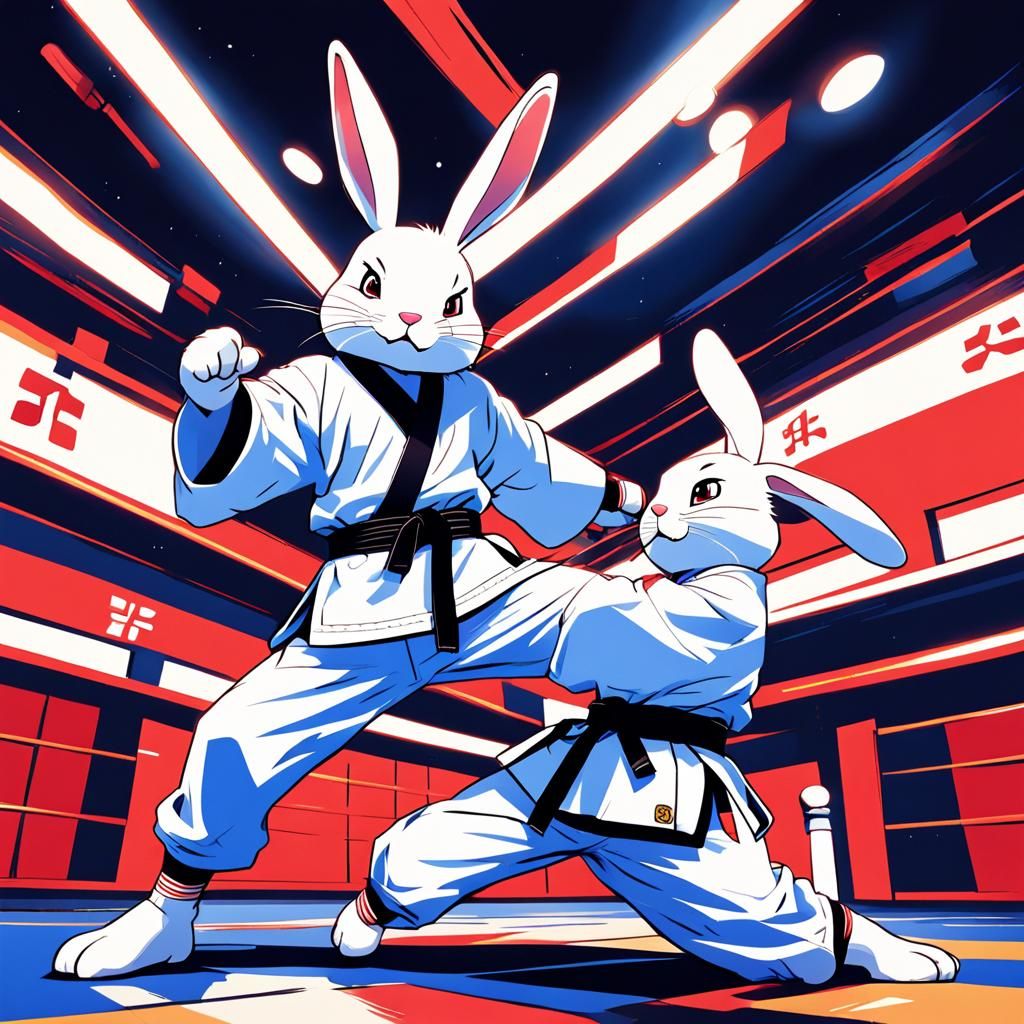 Rabbits Practicing Taekwondo in Anime Style