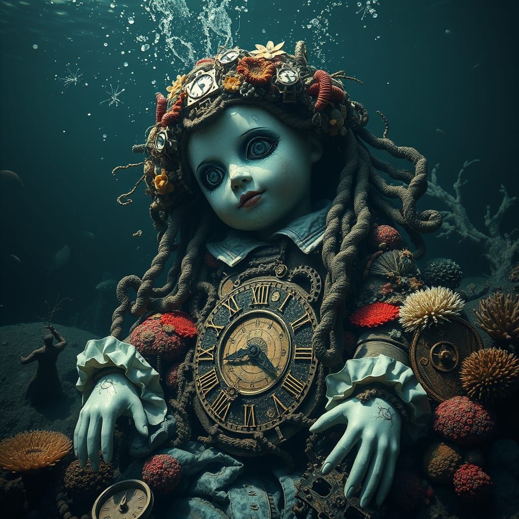 Submerged Gothic Clockwork Doll in Ocean Depths