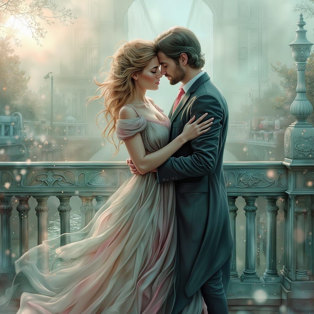 Romantic Couple Embrace on Misty London Bridge
