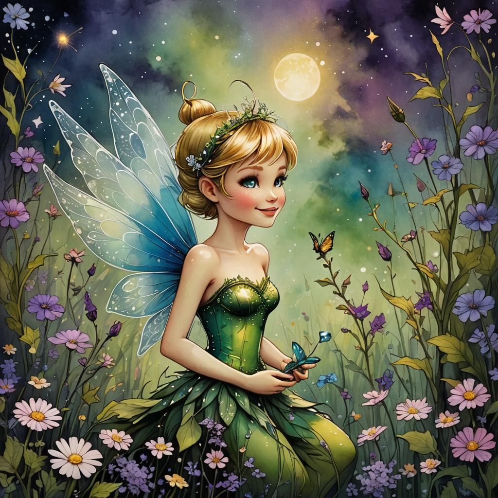 Beautiful Fairy with Crystal Wings in Watercolor