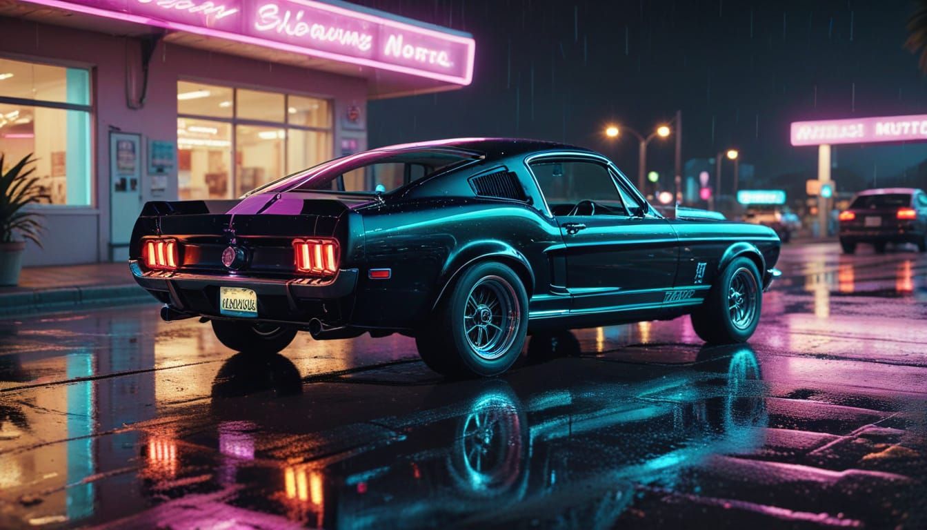 Cyberpunk Shelby GT-500 Beside Neon Motel Sign
