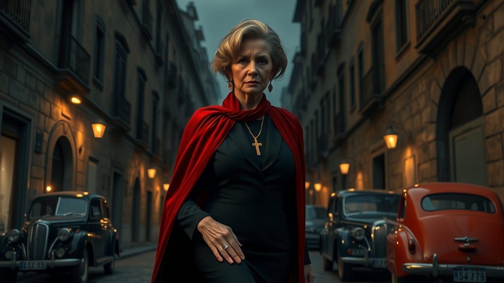 Mafia Matriarch in Sicilian Street: Cinematic Noir Portrait