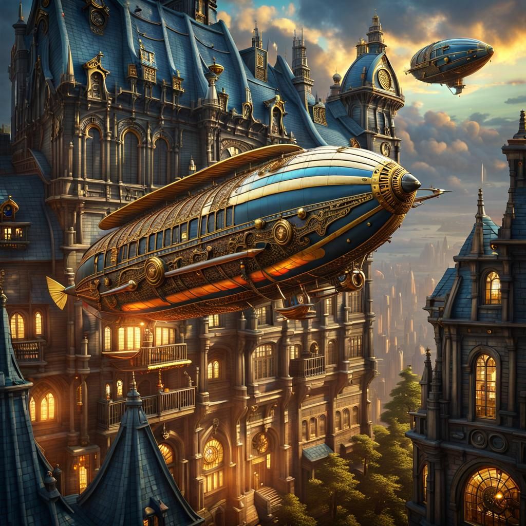 Steampunk Zeppelin Over Cyberpunk Gothic City