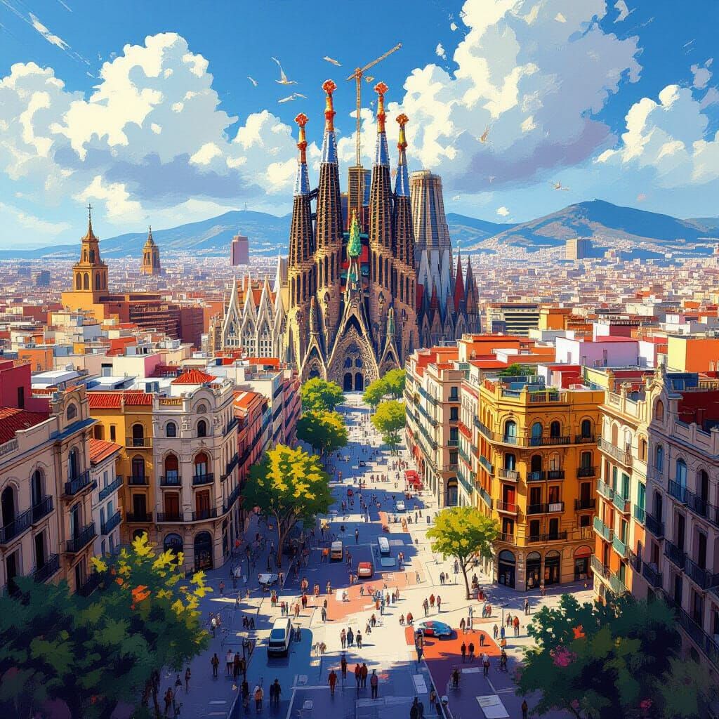 Hyperrealistic Macro View of Barcelona as Splash Art