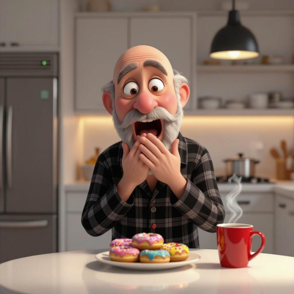 Pixar Style Old Man Yawning in Kitchen