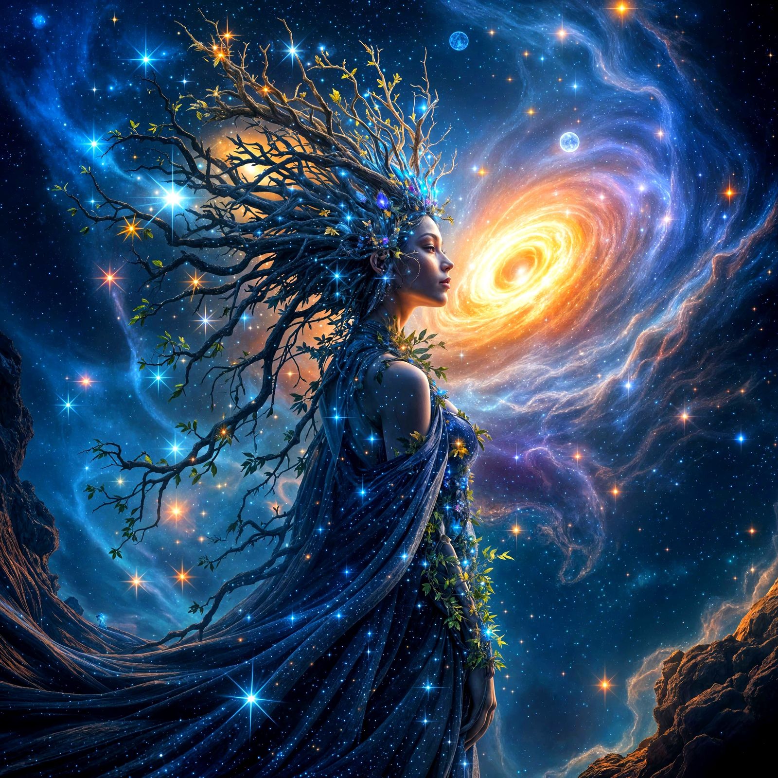 Dryad Queen in Cosmic Nebula, Hyperrealistic Style