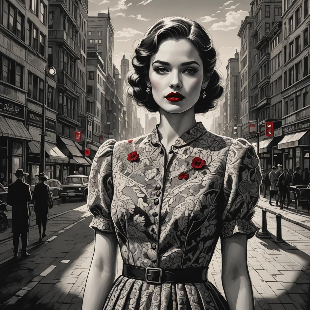 Elegant Woman in Noir Style Line Art Illustration