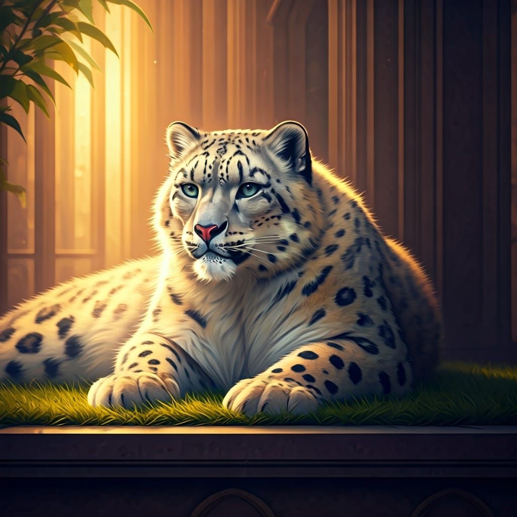 Snow Leopard in Watercolor Sunset