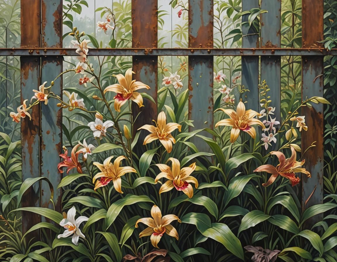 Lilies and Orchids Reclaiming a Rusted Fence