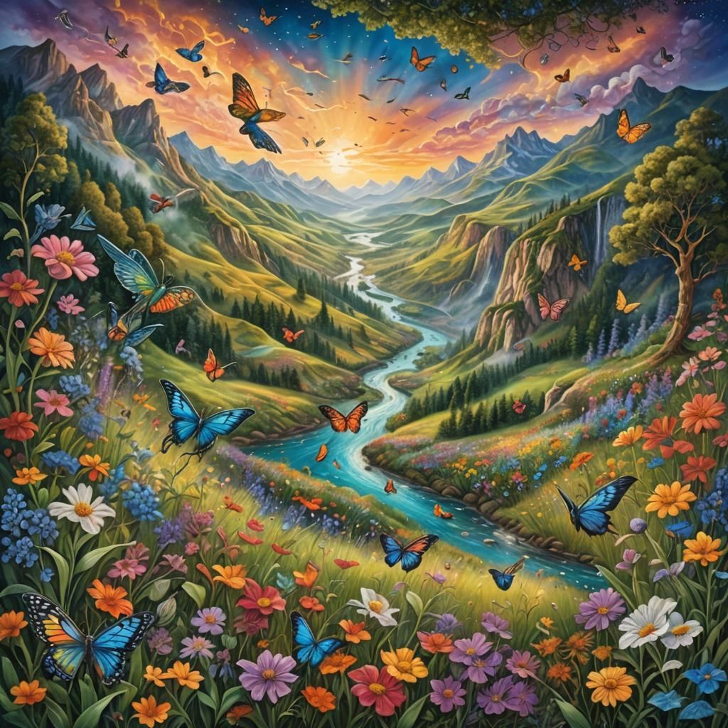 Lush Landscape with Birds and Butterflies in Magical Realism