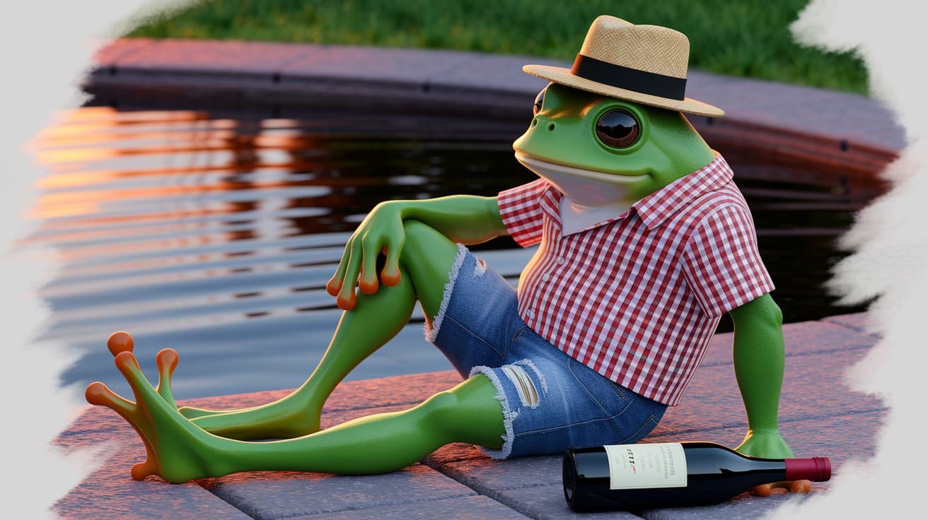 Bullfrog in Charming Summer Scene with Wine by Pond in Vibra...