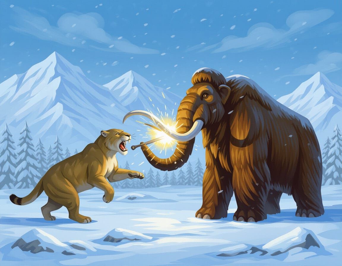 Smilodon and Mammoth Fight in Snowy Tundra