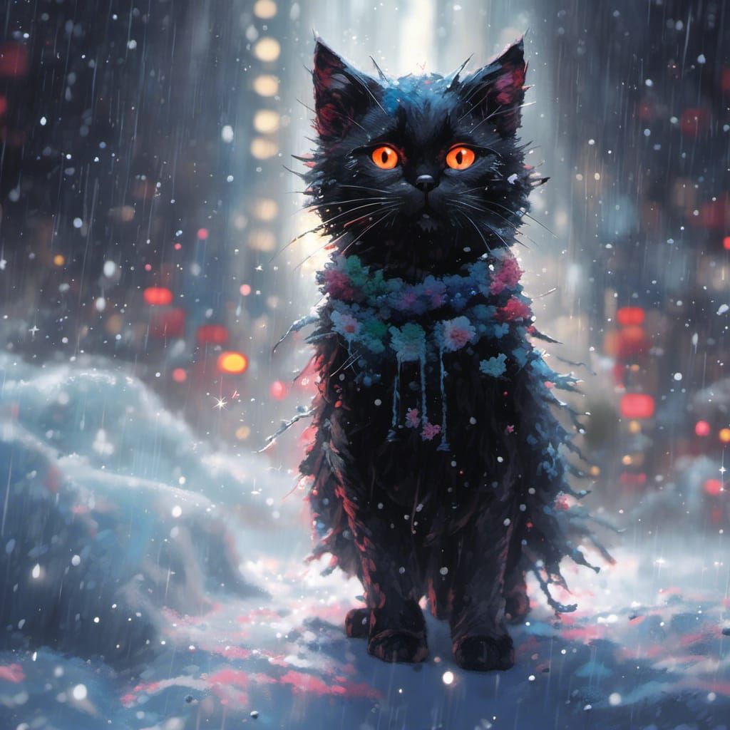 Black Kitten in Snow with Red Scarf: Hyperrealistic 3D Art