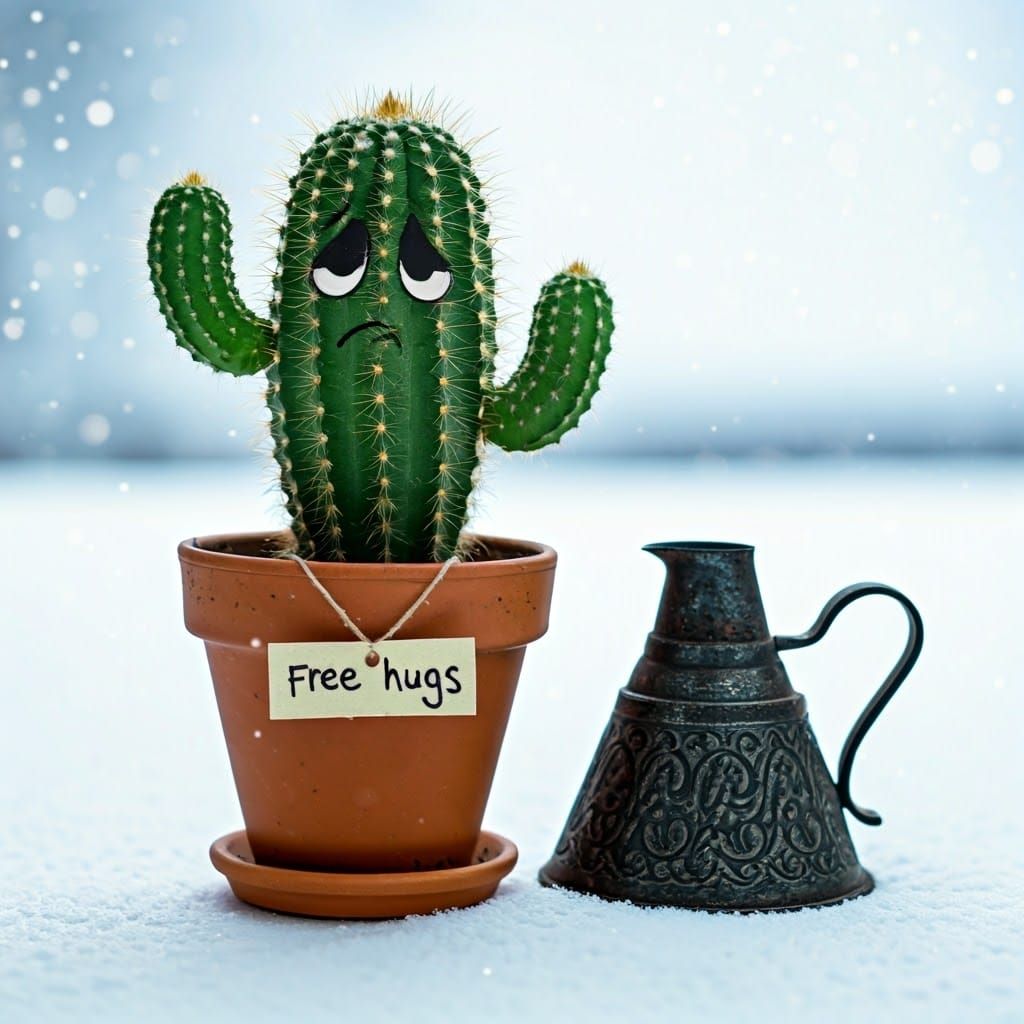 Fluorescent Cactus with Free Hugs Sign