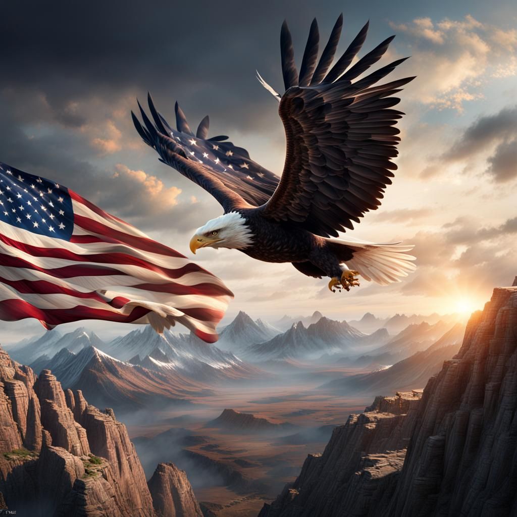 Eagle Soaring with American Flag in Digital Painting