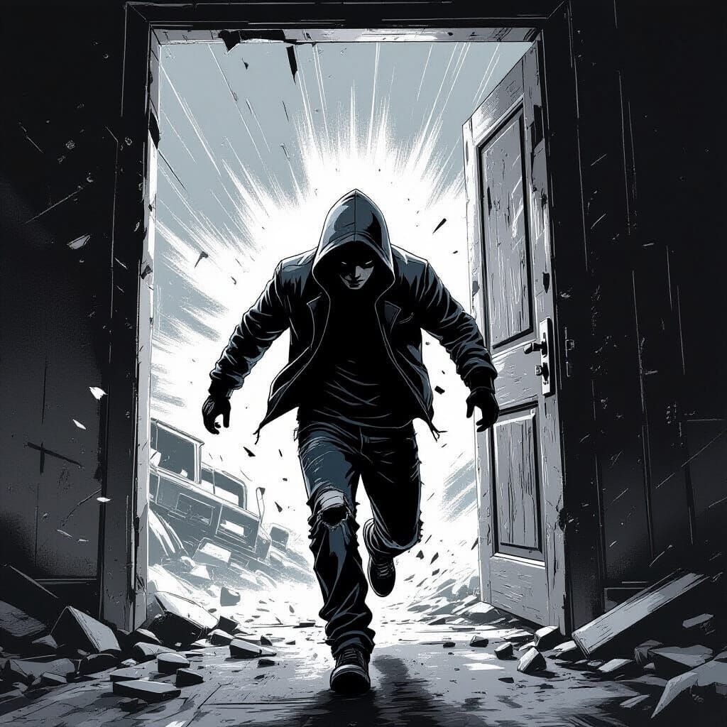 Fleeing Chaos in Gritty, High-Contrast Style