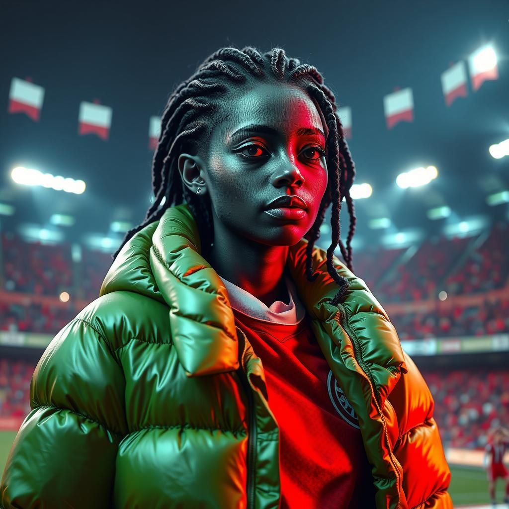 Beautiful Woman in Stadium with Green Jacket: Photorealistic