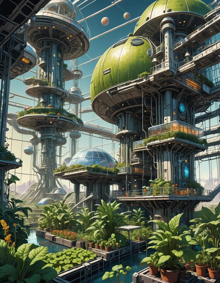 Interstellar Hydroponics Station in Solar Punk Style