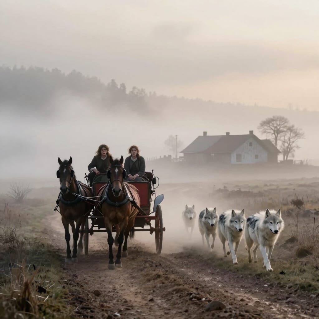 Mysterious Carriage Chase Through Misty Plains