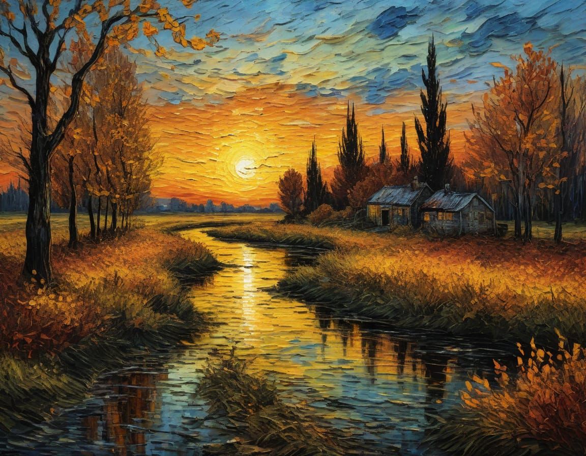 Autumn Sunset in Van Gogh Style