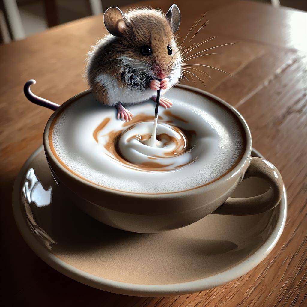 Fluffy Mouse Stirring Milk in Latte Cup