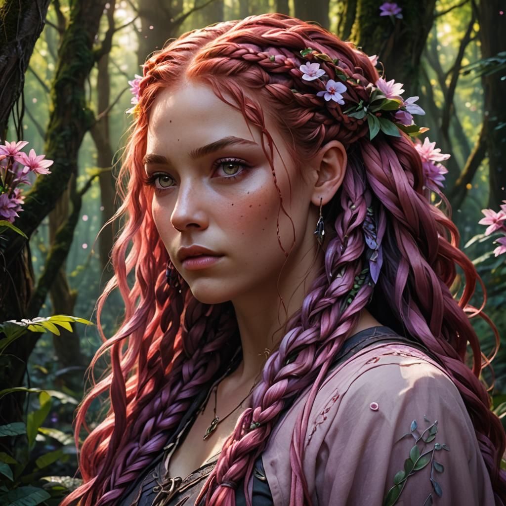 Enchanting Girl with Braids in Lush Forest, Digital Painting