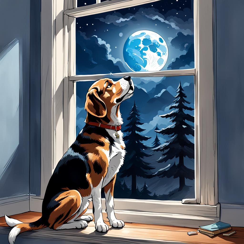 Beagle Howling at the Moon