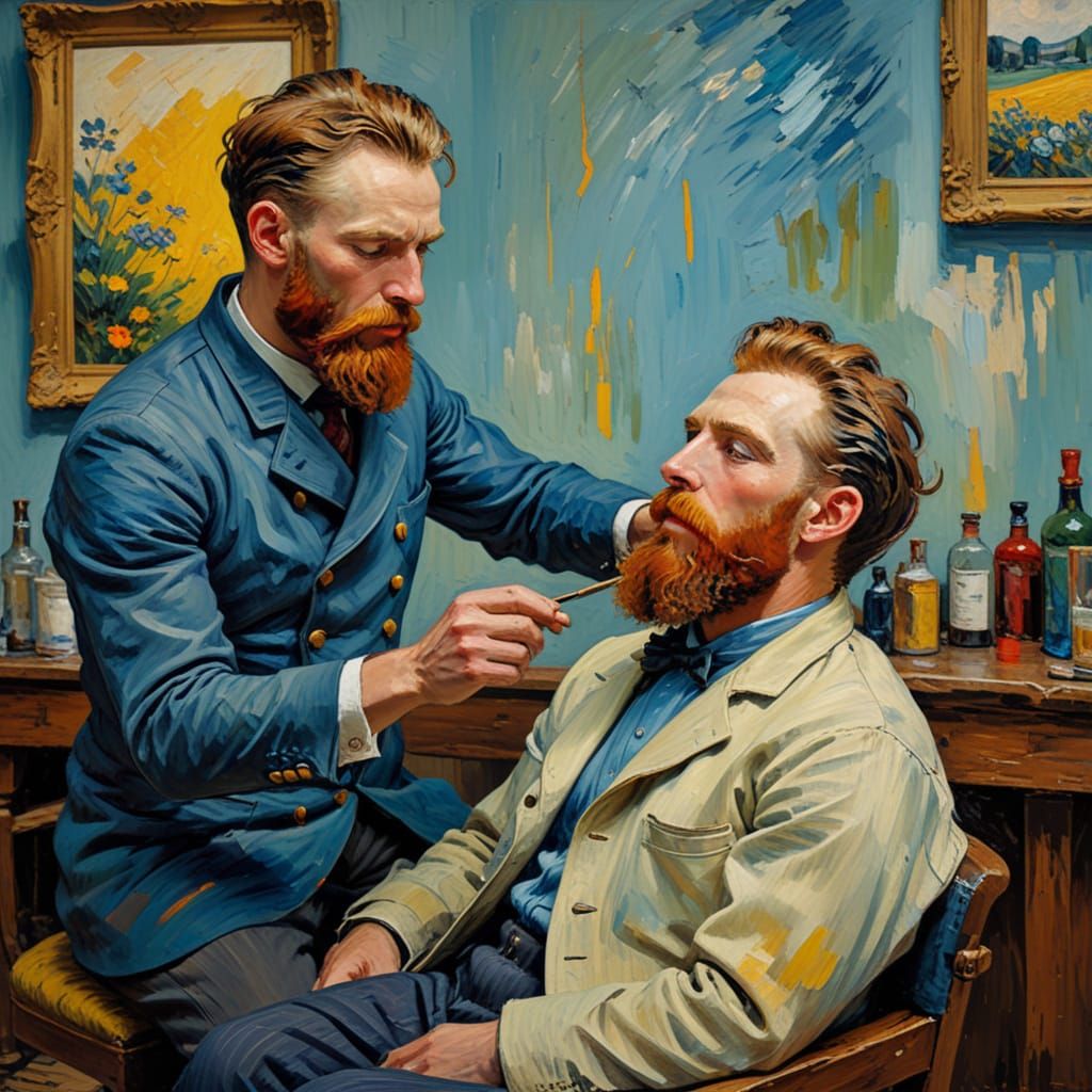 Impressionist Barber Scene in Red