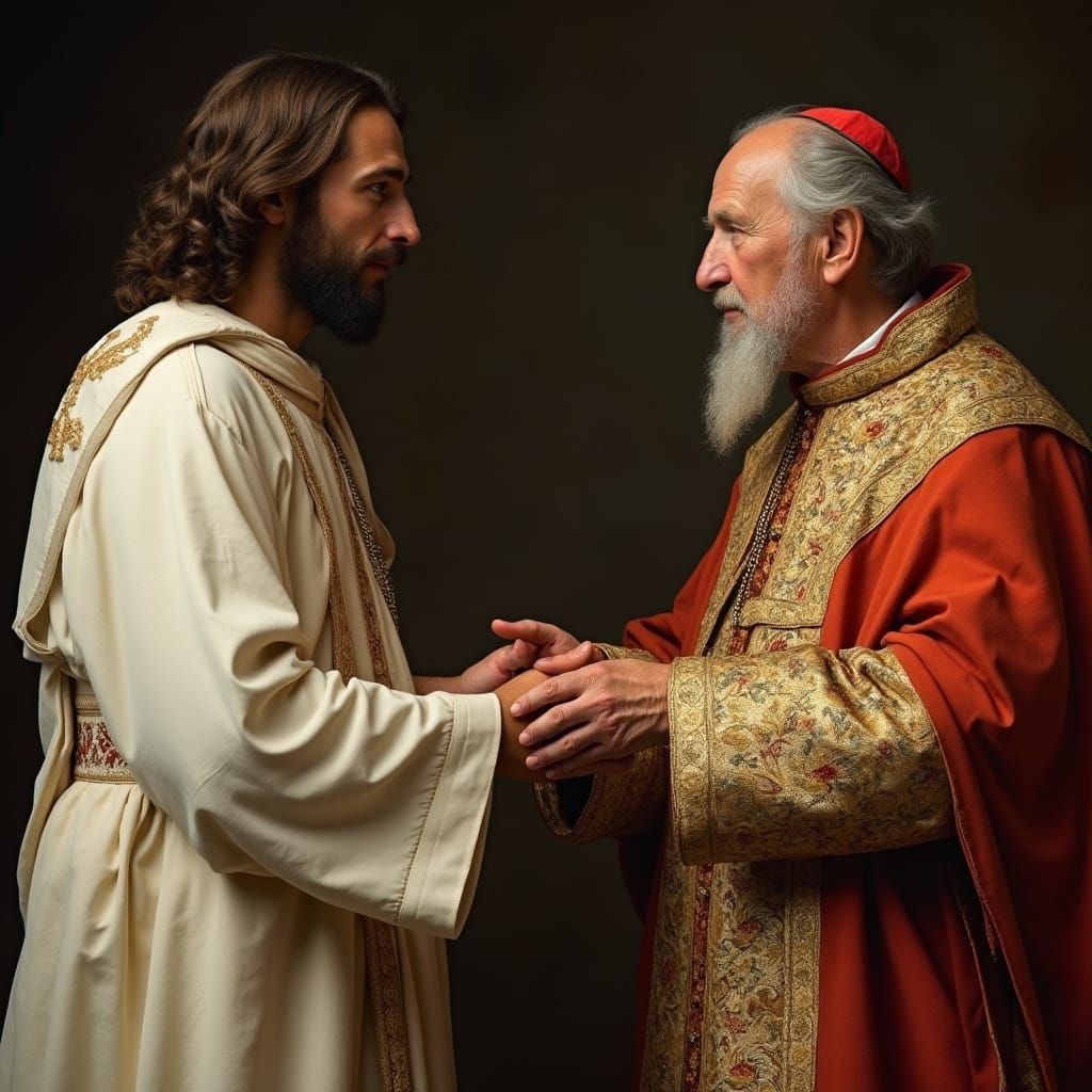 Jesus and Pope Leo XIII Shake Hands: Photorealistic Scene