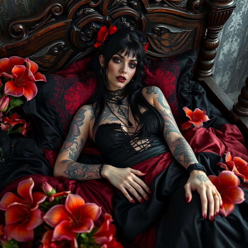 Gothic Woman in Silk Sheets with Floral Display