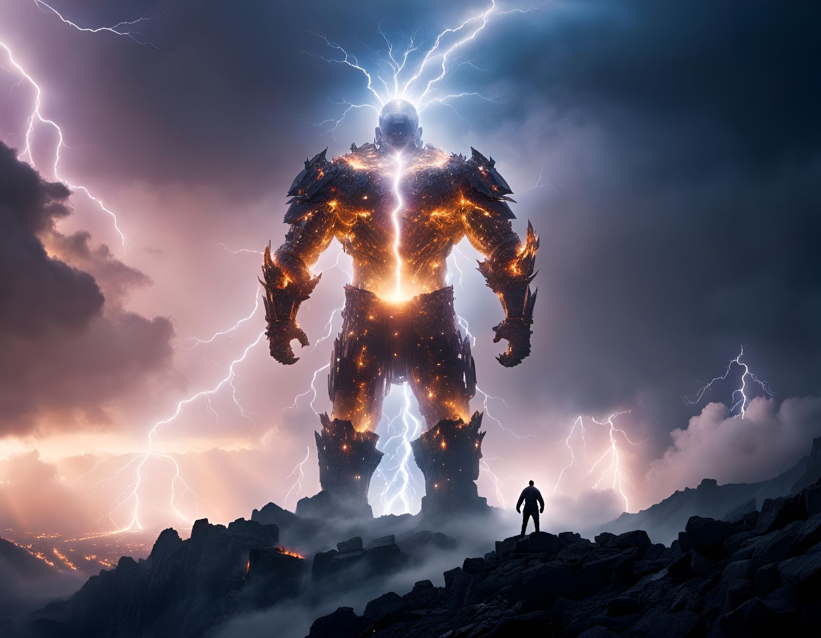 Giant Colossus Amidst Lightning and Thunder