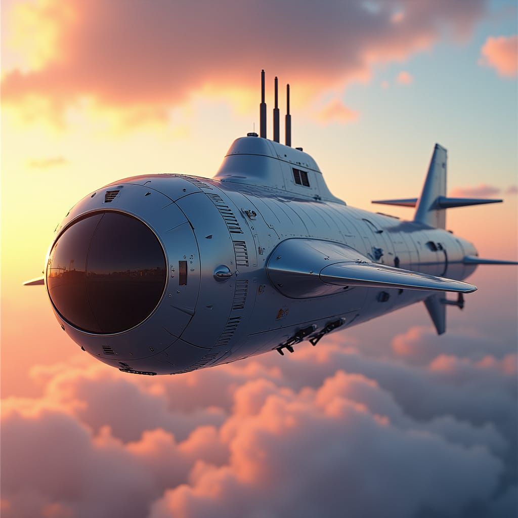 Futuristic Flying Submarine in Splash Art Style