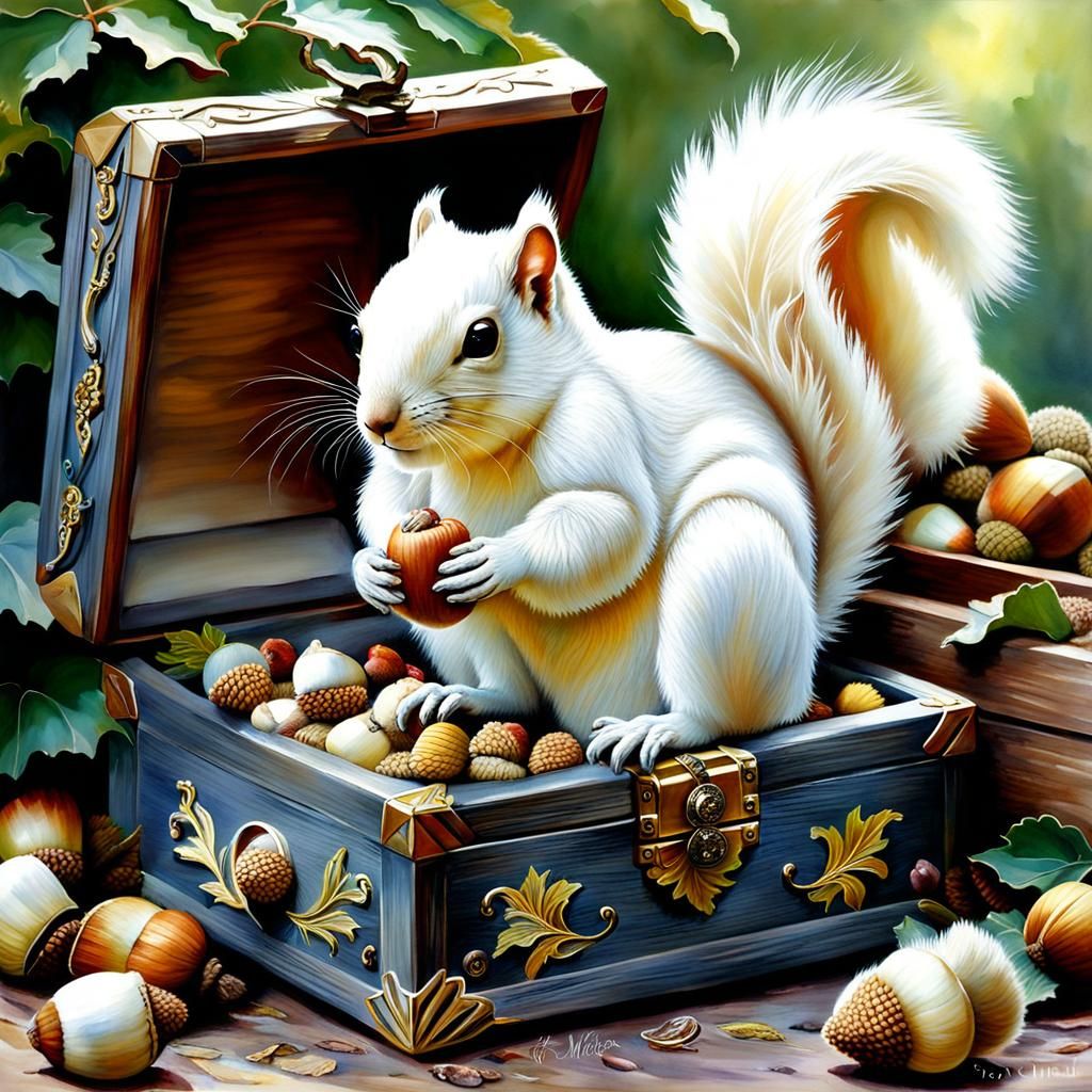 A gorgeous portrait of a fluffy albino squirrel, with his be...