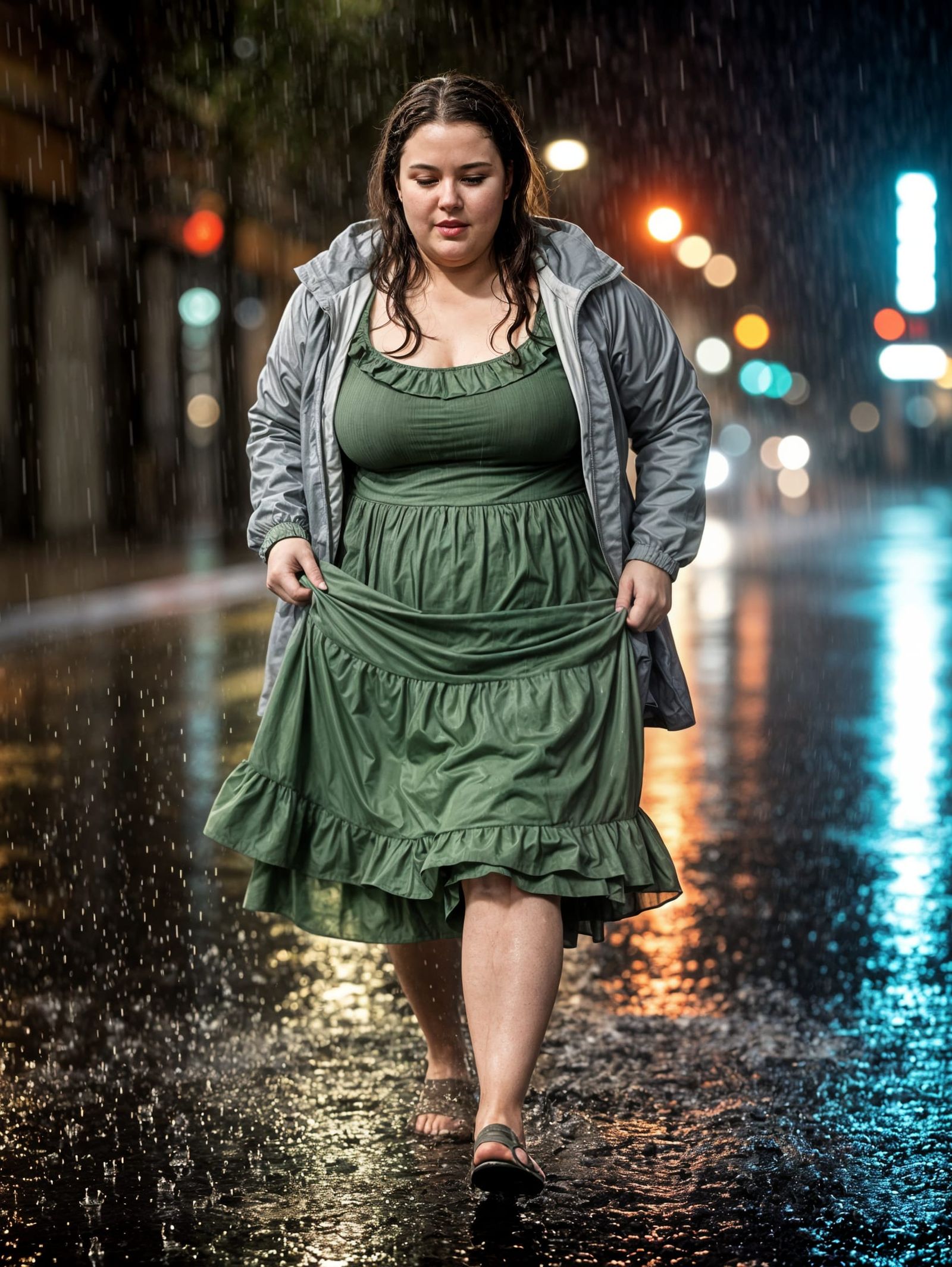 Woman In Rain Amidst Neon City Lights