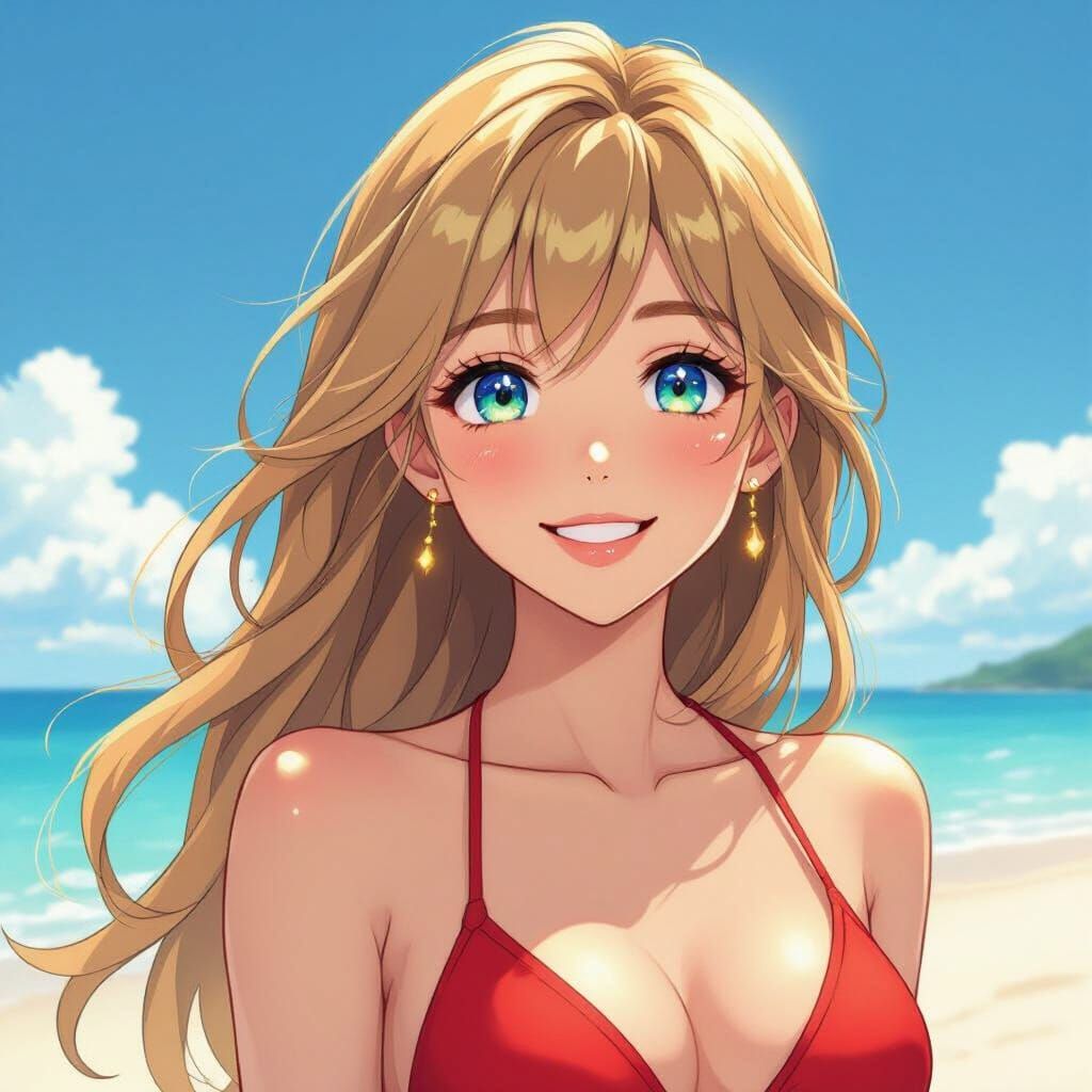 Anime Girl in Red Swimsuit on Sunny Beach