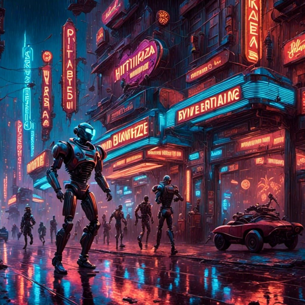 Retro-Futuristic Cityscape with Neon Signs and Robot Chase