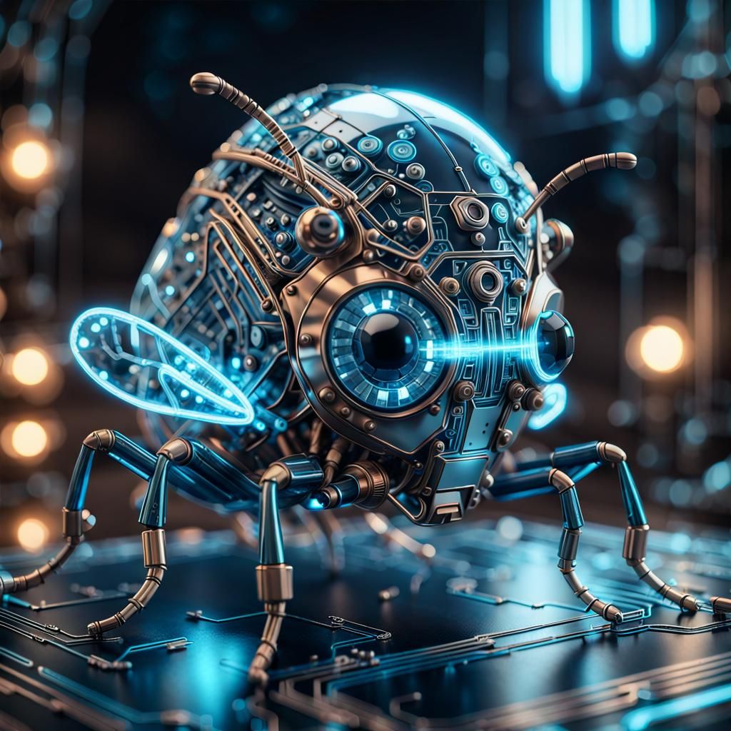 Glowing Steampunk Circuit Board Bug, 3D Digital Art