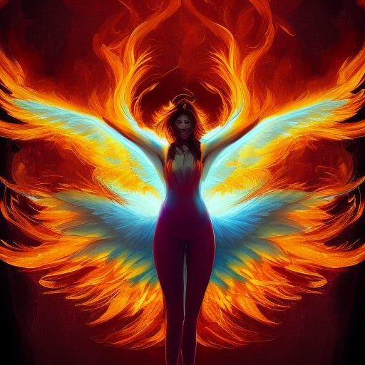 Fiery Human Phoenix Portrait in Art Nouveau Style