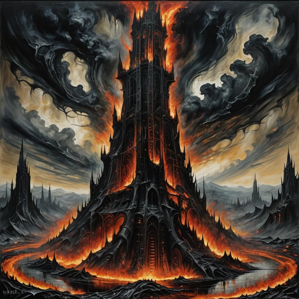 Ominous Fire Tower in Abstract Expressionist Style