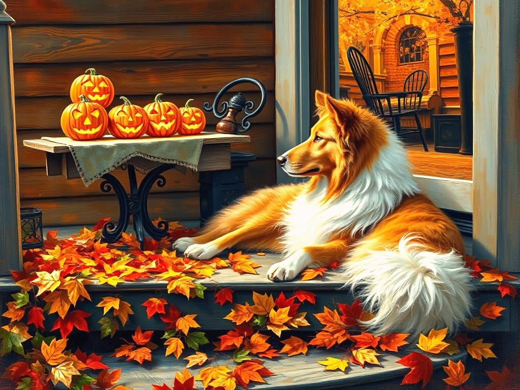 Golden Collie With Jack-o'-lanterns On Autumn Porch